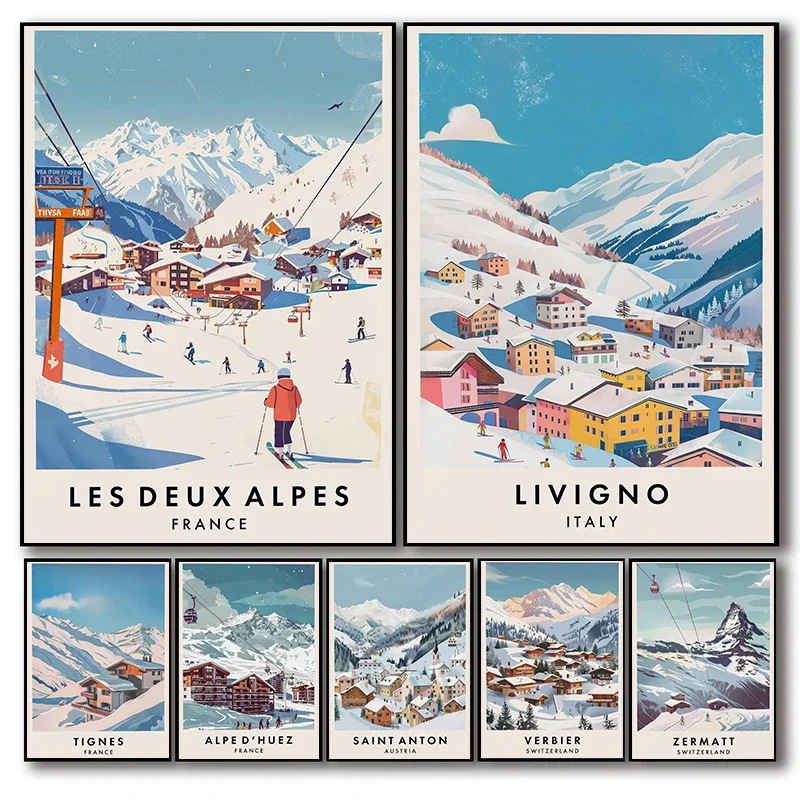 Famous Ski Resorts Travel Posters France Alpes Saint Anton Snow Mountain Prints Canvas Painting Wall Art Picture Home Room De