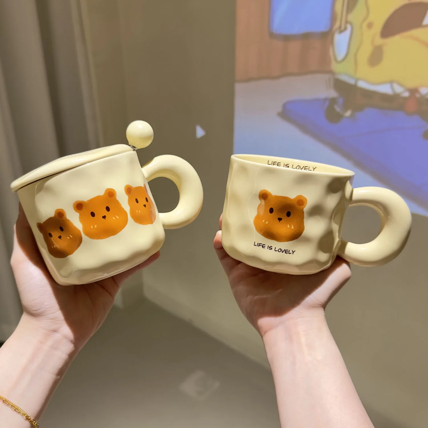 

French Creamy Bear Ceramic Mug - Chunky Handle Large Capacity, Minimalist Milk Cup Unisex for Students & Couples