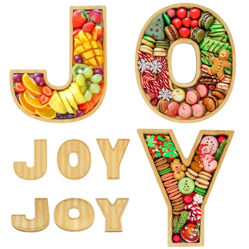 

Bamboo Letter JOY Serving Tray Charcuterie Platter Cake Cookie Fruit Plate Rustic Holiday Centerpiece Table Decor For Christmas
