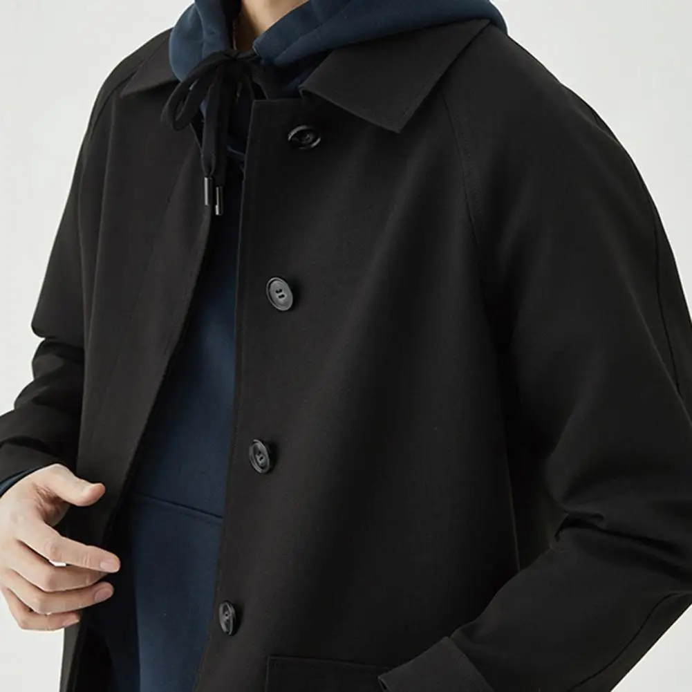 

Autumn Winter Men Trench Coat Mid-length Lapel Long Sleeve Casual Outwear Solid Color Single-breasted Male Coat With Pockets