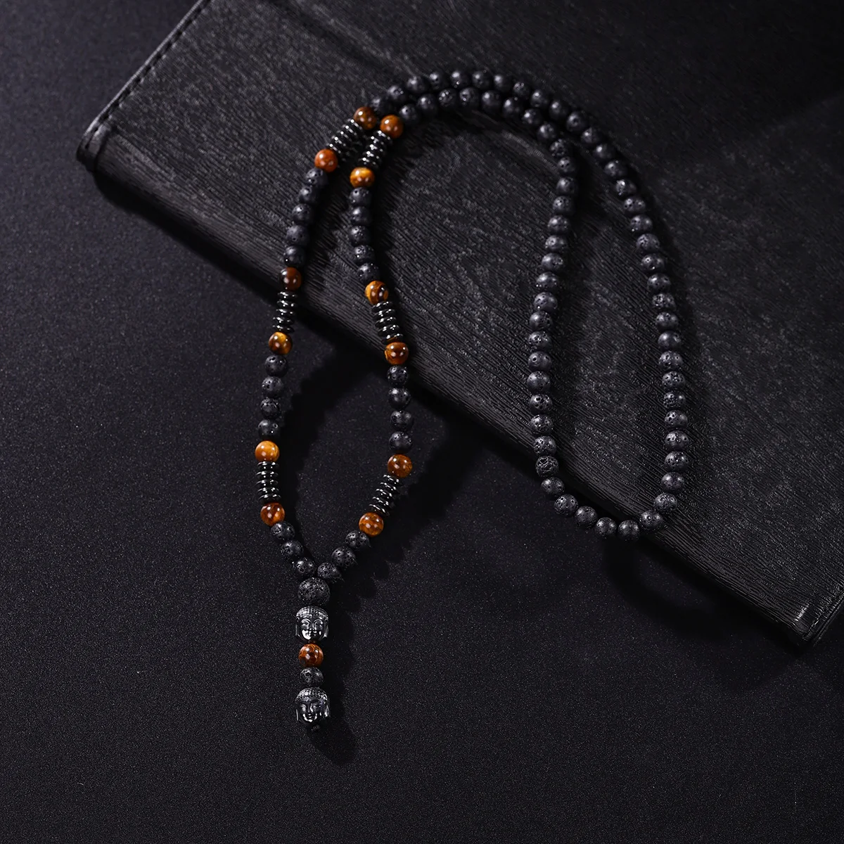 New Vintage Natural Tiger-eye Stone Black Lava Beads Buddha Head Pendant Necklace for Men Hnadmade Jewelry