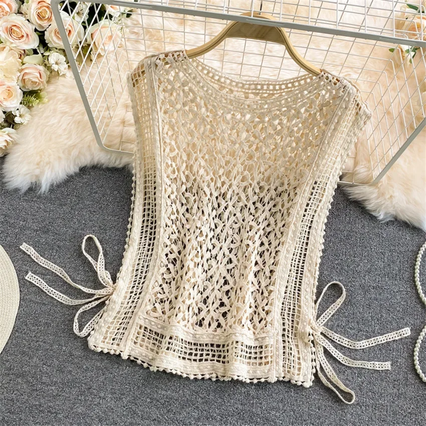 Summer Crochet Top Shirt Women\'s Knitted Vest Sleeveless T Shirt Sexy Holow Out Side Lace Up Lace T-Shirt Tee Shirt Femme