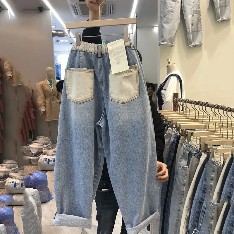 Übergroße Damen Jeans Elastische Taille Harem Hosen Frühling Herbst Lose Beiläufige Jogginghose Denim Neunte Hosen Weibliche Rübe Hosen 5XL