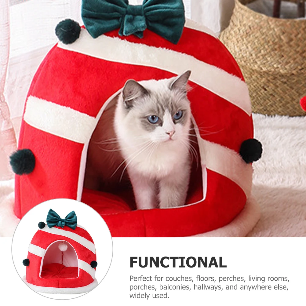 

Christmas Pet Bed Cat Cave Nest For Small Dog Kitten Bunny Xmas Hut Washable Warm Cartoon Shaped Sleeping Cushion Nonslip Floor