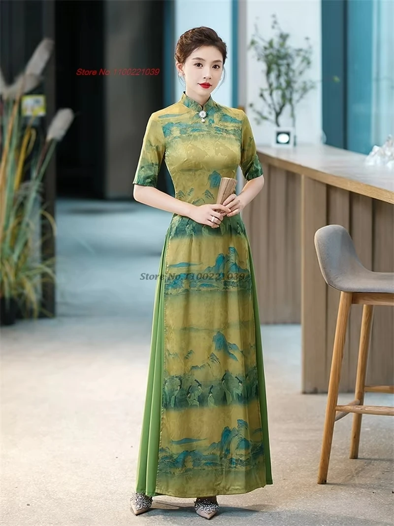 

2025 traditional vietnam aodai vintage dress national flower print folk dress chinese stage dress evening banquet dress qipao