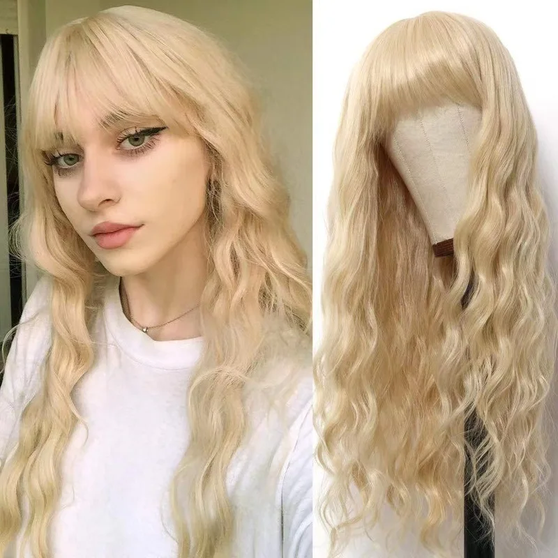 Straight bangs, light golden color, corn perm, water wave long curly synthetic , European and American style wavy wig
