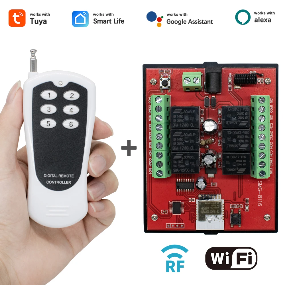 

6-Channel Tuya Smart Relay Module with RF,12V/24V DC WiFi Controller,Cloud Remote Light Control System, Supports Alexa Commands