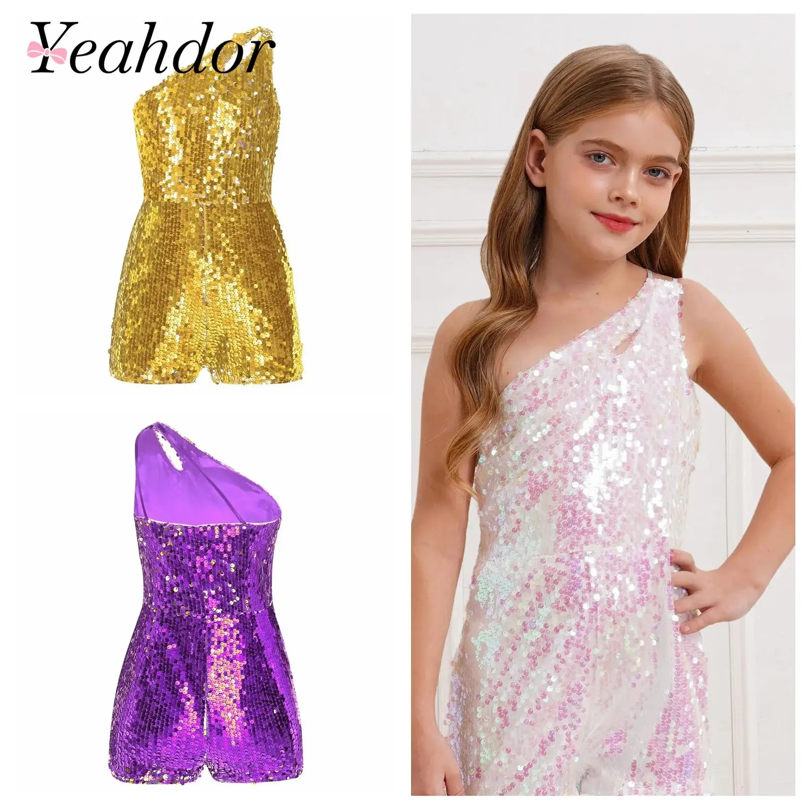 

Kids Girls Shiny Sequin Bodysuit Unitard Fashion Short Rompers for Birthday Party Prom Performance Jazz Cha-Cha Dance Jumpsuit