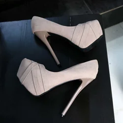 14cm Nude Color Flock Thin Heels High Heels Shoes Sexy Platform Ladies Small Fresh Pumps Career Single Shoes Small Size 32 33