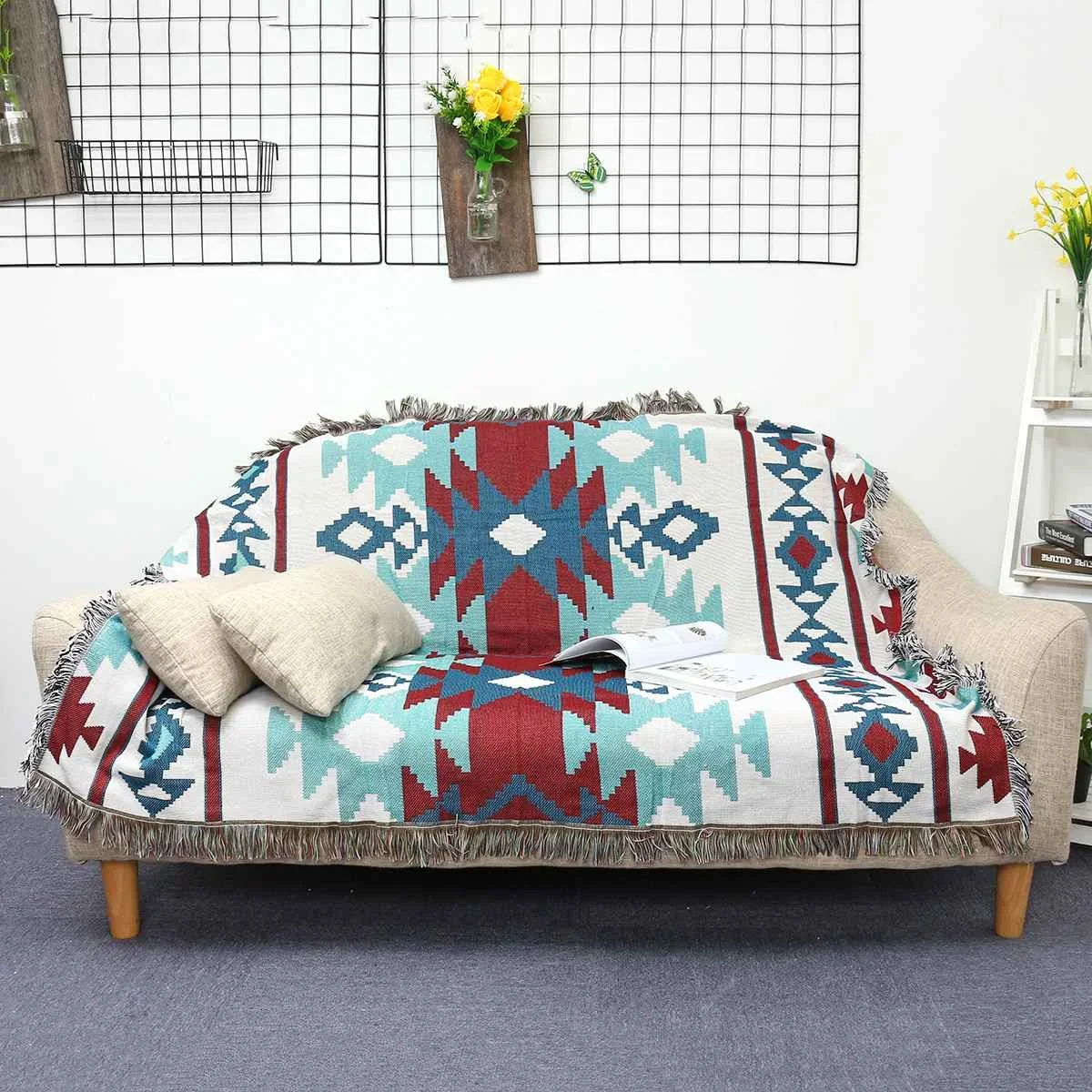 

Geometric Carpet Retro Navajo Sofa Blankets 160x130cm Cotton Tapestry Bedspread Outdoor Beach Sandy Towels