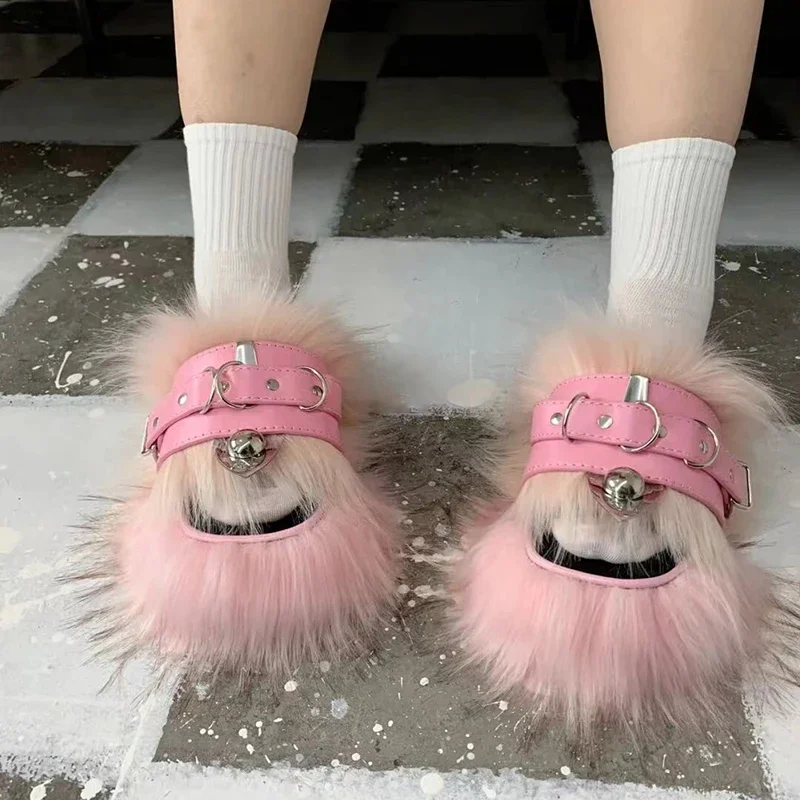 Pink Fur Flip Flop Thick Bottom Belt Buckle Slippers Summer for Woman 2026 Black Platform Punk Style Fashion Shoes for Women