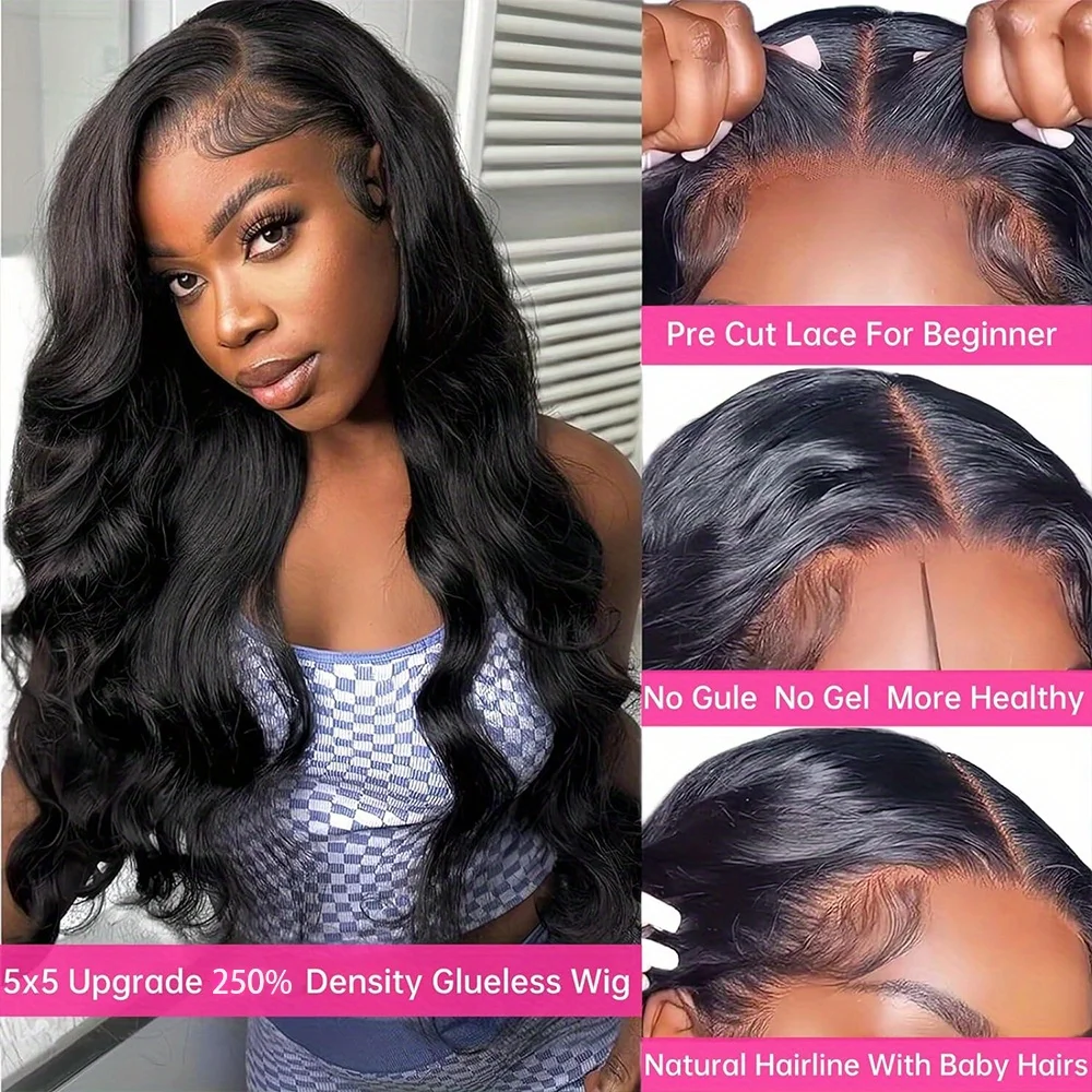 Glueless Body Wave Lace Wig para mulheres negras, perucas de cabelo humano, cabelo remy brasileiro, pronto para usar, renda 5x5, 200 densidade