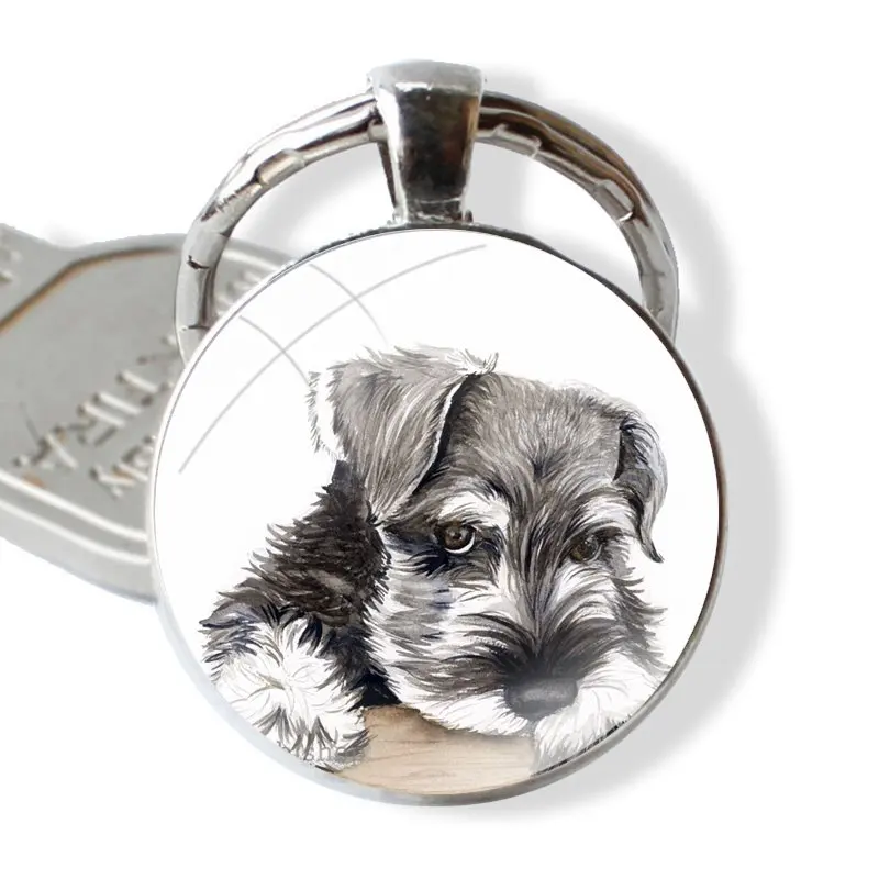 Miniature Schnauzer dog Keychain Handmade Glass Cabochon Key Ring Holder Pendant Key Chains