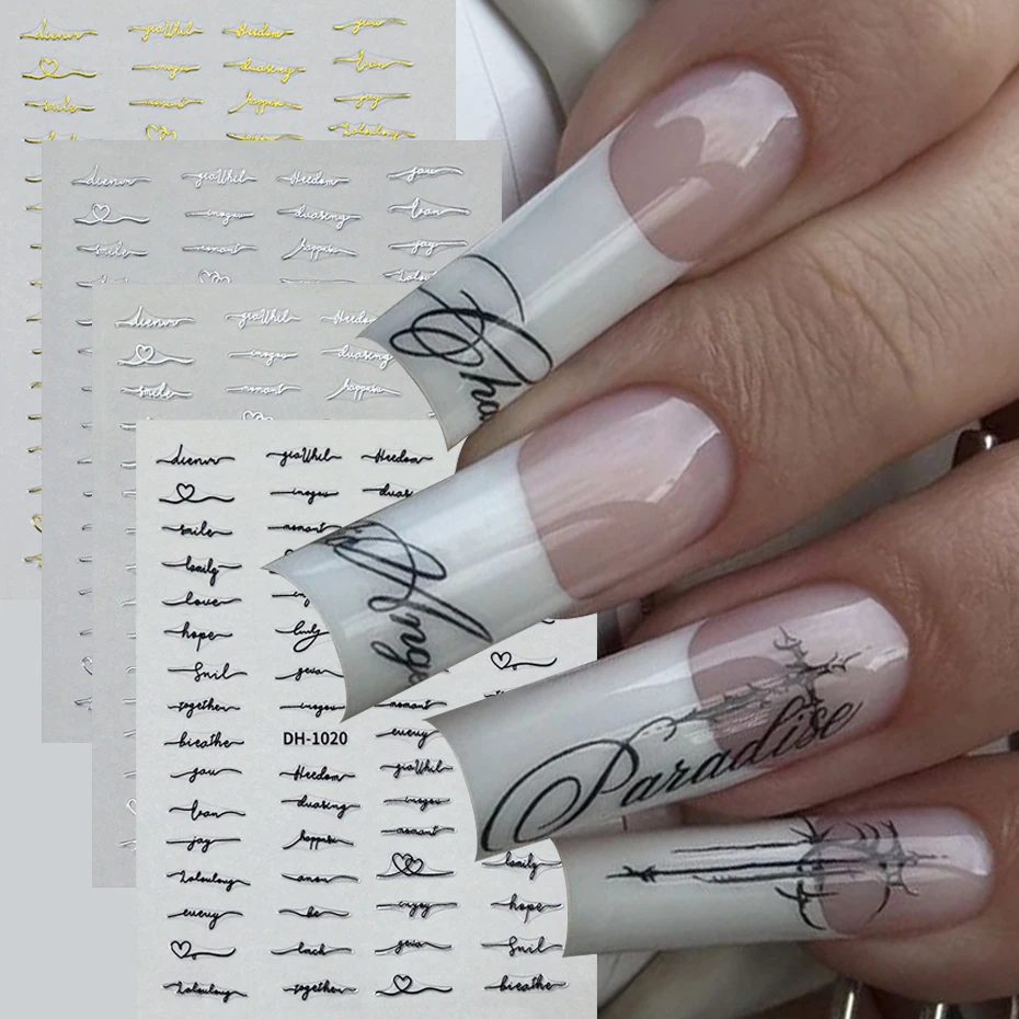 4 pcs 3D English Letter Nail Stickers Simple Artistic Lettering Love Heart Adhesive Charms for Nails DIY Characters Nail Decor