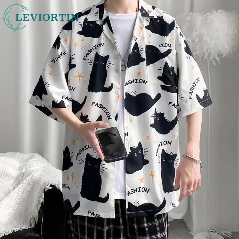 Summer Hawaiian Shirts For Men Hip Hop Mens Japanese Geisha Funny Printed White Pink Shirts Men Korean Casual Holiday Tops Shirt