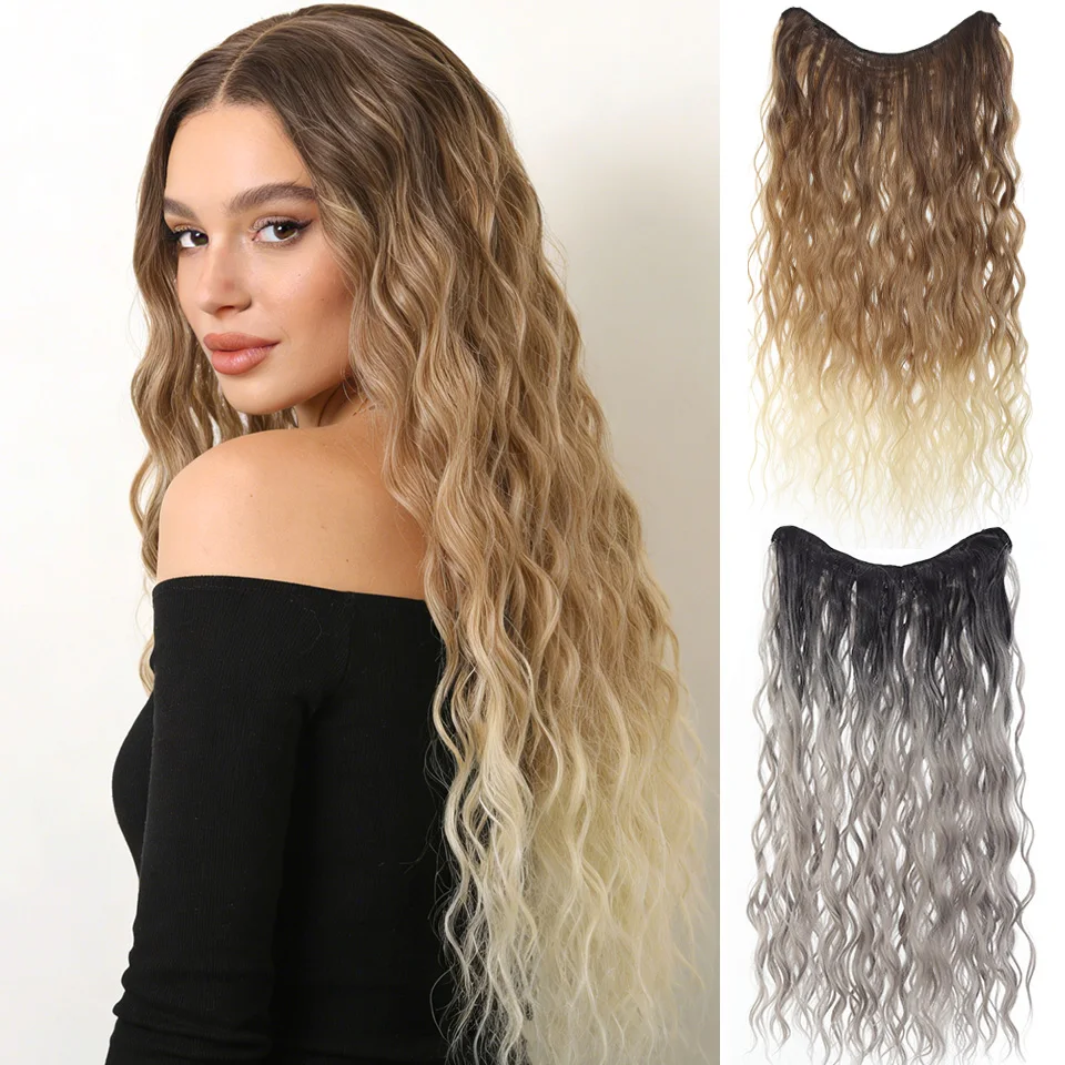 Long Water Wavy U-Shaped Half Wig Synthetic 5-Clips One Piece Ombre Brown to Golden Hair Extensions Natural Hairpieces for Women