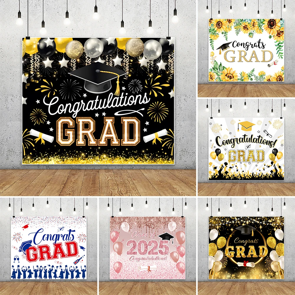 Congratulations Graduation Photography Background Black Gold Balloon Bachelor's Cap 2025 Grad Party Banner Custom Name Backdrops