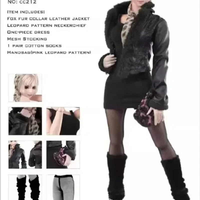 

1/6 Female Soldier Gothic Pu Leather Jacket W/ Fake Fox Fur Collar Slim Dress Leopard Pattern Scarf for 12" Action Figure Doll