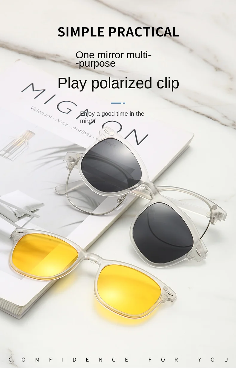 VCKA 6-in-1 Myopie-Polarisierte Sonnenbrille, transparenter grauer Rahmen, für Männer und Frauen, Clip-Magnetbrille, individuelle optische Brille, -0,5 bis -10 – Detail 1