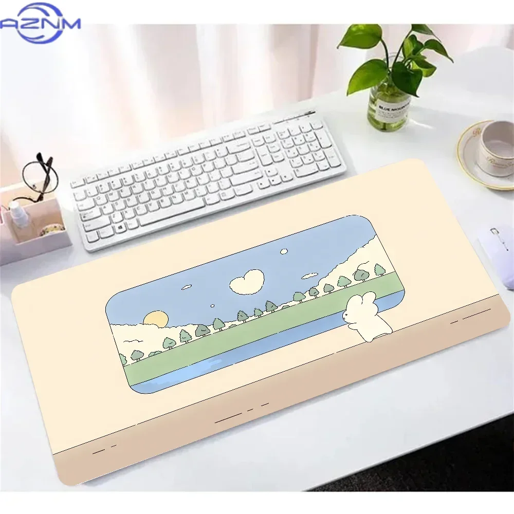 Cute Cartoon White Rabbit Pastel Landscape Extended Mousepad, Non-Slip Rubber Base Large Desk Mat, Smooth Surface for Gaming Off