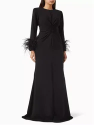 Customized New Unique Black Feather Formal Evening Dress Round Neckline Feather Decoration Long Sleeve Pleated Long Party Gown