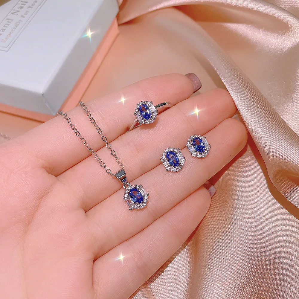 New Fashion Sapphire Set Pendant Earrings Ring Three-piece Set 925 Silver Party Wedding Birthday Jewelry Gift Wholesale