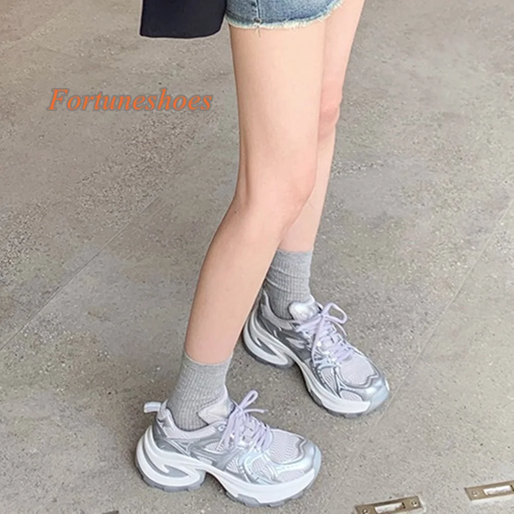 Round Toe Chunky Heel Pumps Height Increasing Cross Tied Solid Silver Sports Shoes Fashion Casual 2025 New Spring/autumn Sandals