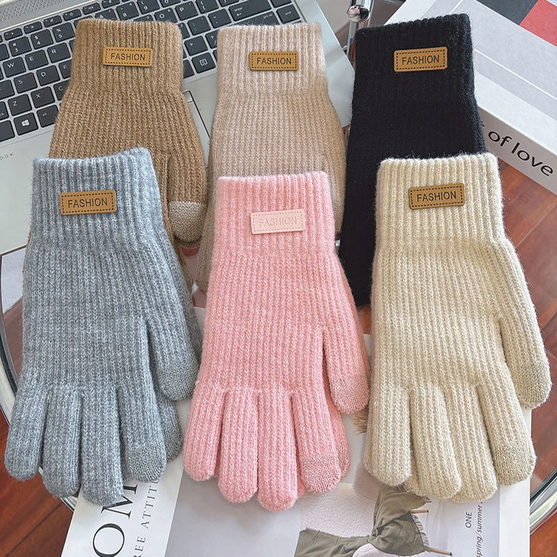 1 Pair Women Men Warm Winter Touch Screen Cycling Gloves Knitted Mittens Full Finger Touch Screen Female Crochet Non-slip Glove