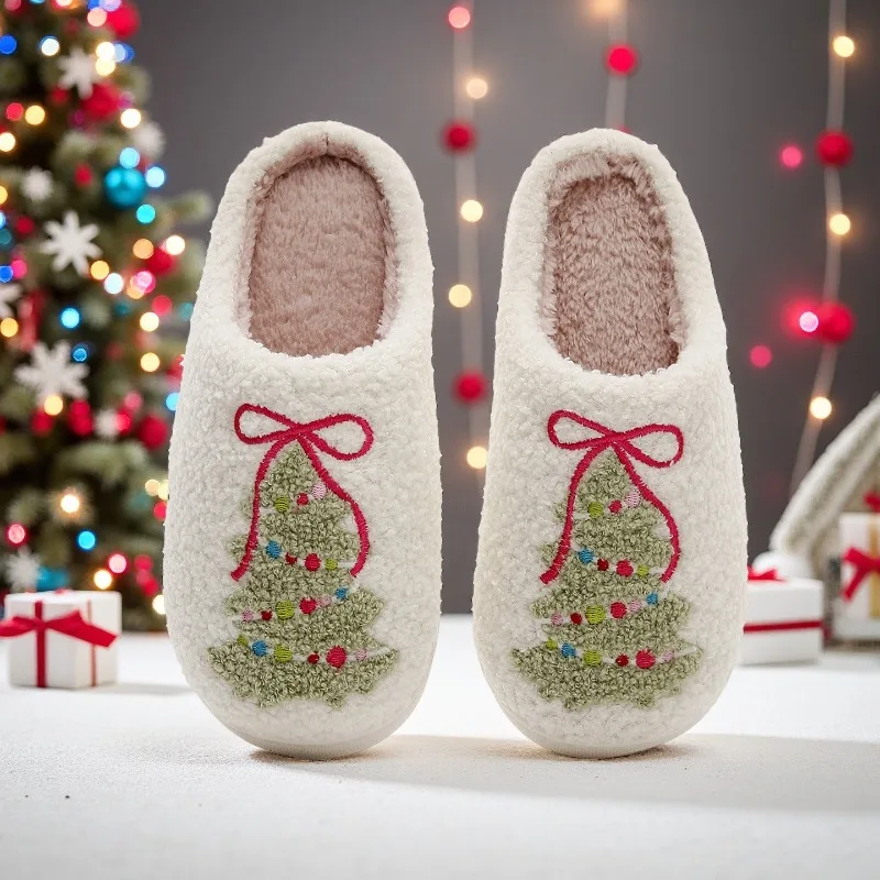 Christmas Couple Slippers with Tree Design Plush Warm House Shoes Non-Slip Soft Sole for Women Men Holiday Gift Indoor Outdoor ﻿
