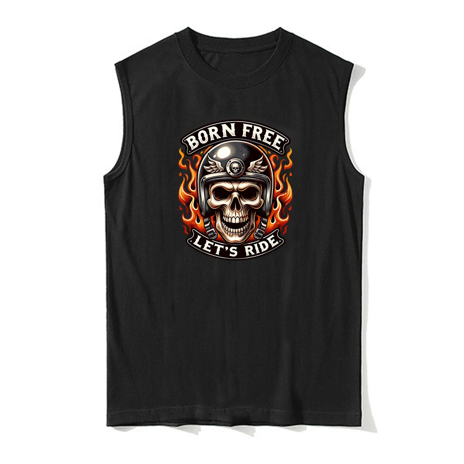 Born Free Let's Ride. Flame Skull Motorcycle Rider Motorcyclist Vest 100% Cotton O-Neck Tank Tops Casual Mens Sleeveless T-shirt