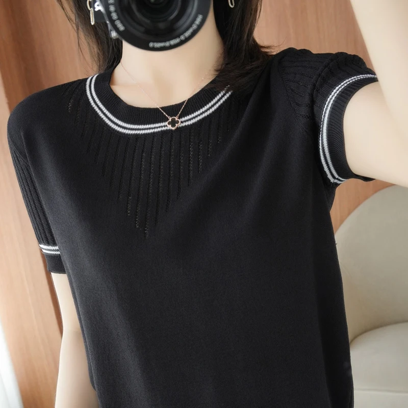 Women New Summer Short-sleeved Tees O-Neck Slim 100% Cotton Linen Hollow Pullover T-shirt Knitted Base Casual Sweater