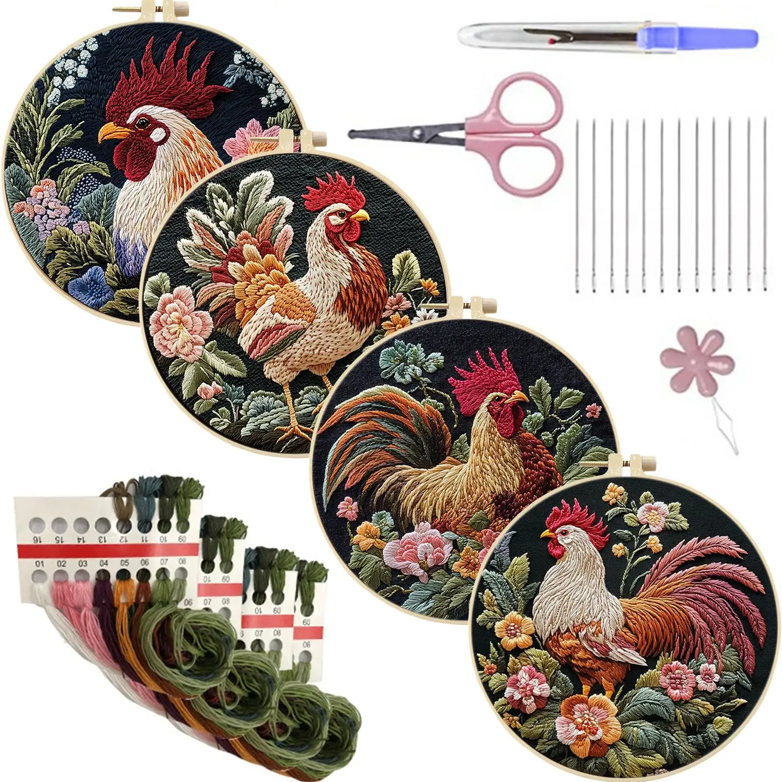 

4pcs Embroidery Kit with Cute Animal Patterns Cross Stitch Set with Embroidery Hoop Needles Threads Instruction for Beginners