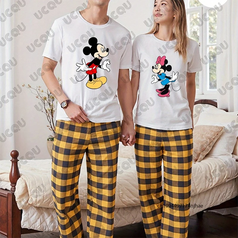 

2 Piece Outfits Men's Tracksuit Disney Mickey & Minnie Print T-shirt+Plaid Pajamas Pants Sets Couple Casual Suit Home Clothes