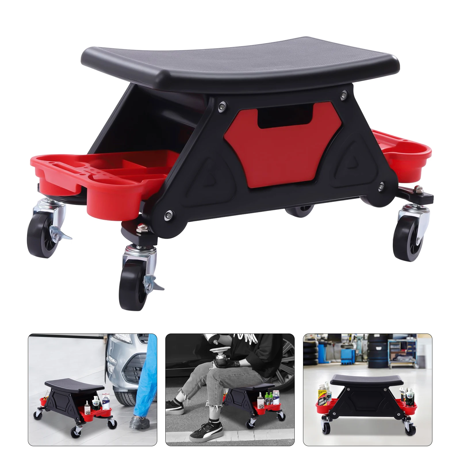 Versatile Mechanics Seat with Wheels - Mobile Mechanics Stool for Auto Detailing with Tool Storage Trays - Fit for Home, Garage