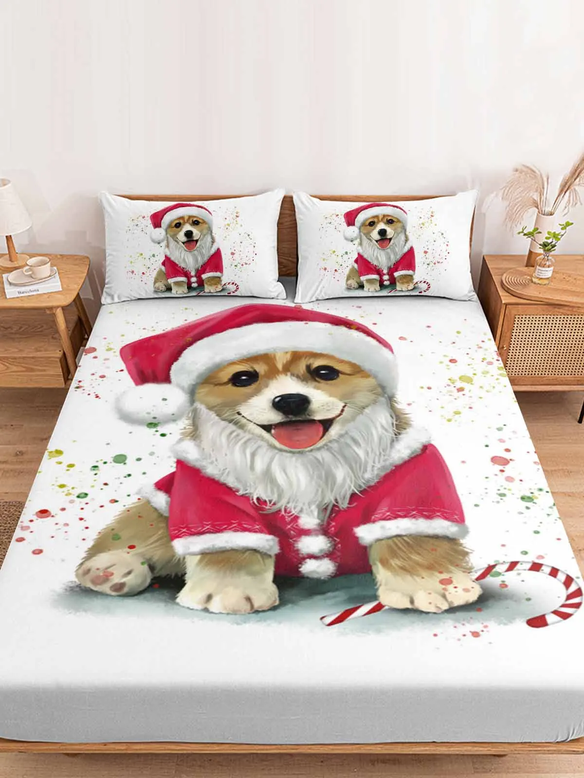 Corgi Christmas Hat Santa Claus Fitted Bed Sheet Cover Elastic Band Anti-slip Mattress Protector for Single Double King