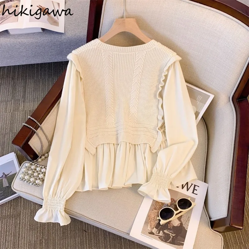 Chic Fake Two Jumper Women Clothing Patchwork Knitting Pullovers Sueter Mujer Ruffles Drawstring Sweater Tops Korean Pull Femme