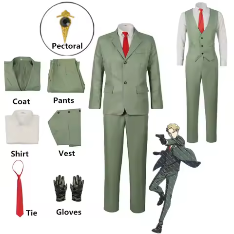 Anime Spy X Family Loid Forger Cosplay Costume Set Men Light Green Suit Twilight Outfit Shirt Pants Vest Red Tie Halloween