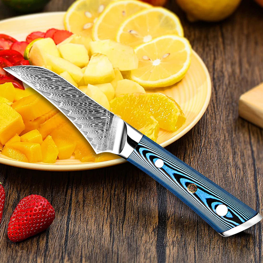 XITUO Damascus Paring Knife 3.5 Inch Curved Edge Fruit Knife Vg10 Steel Core Damascus Blade Peeling Knife Pakkawood Handle