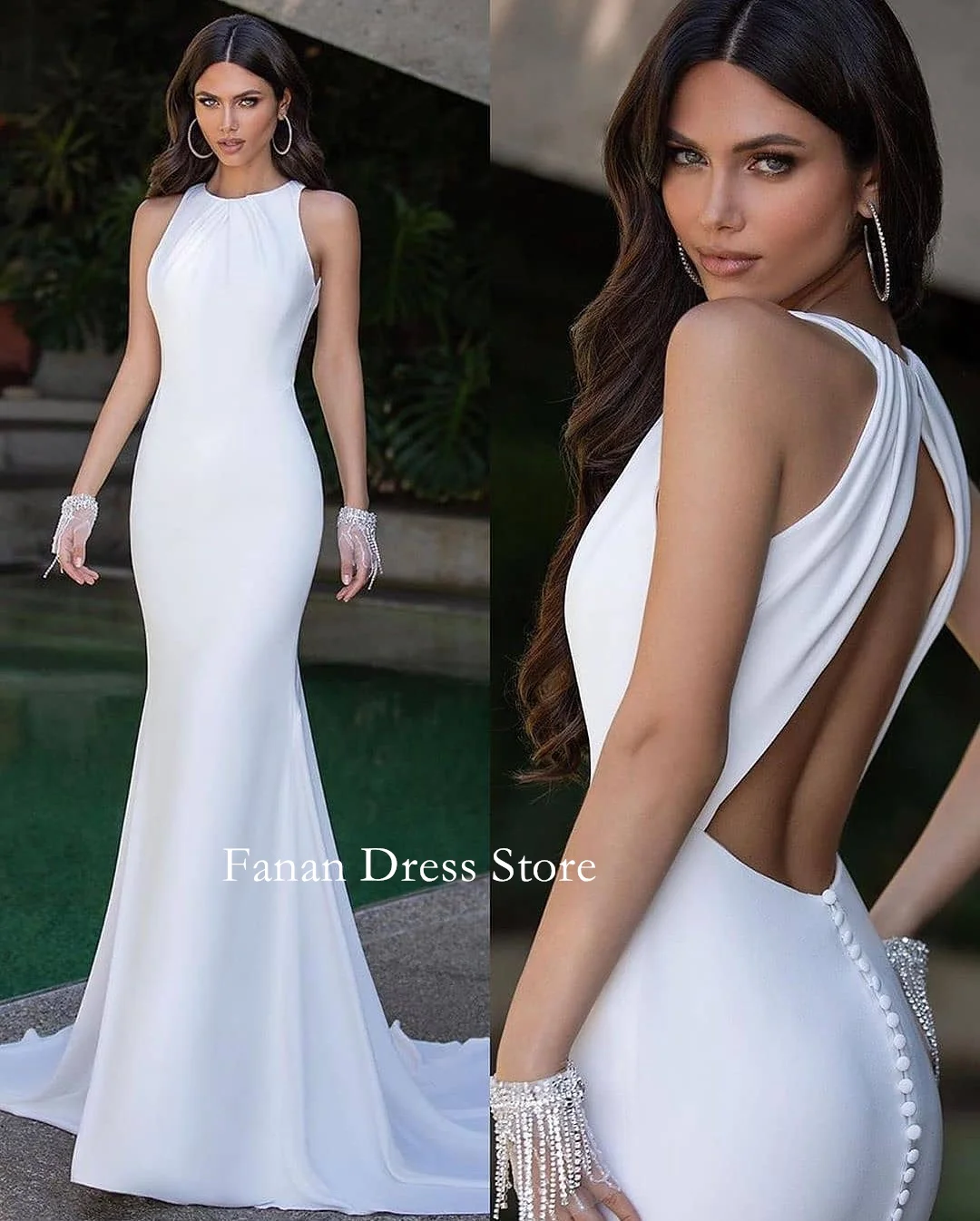 

Fanan Elegant Halter Neckline Wedding Dress Sheath Customized Satin Simple Ruched Ivory Bridal Party Gown Vestidos De Novia