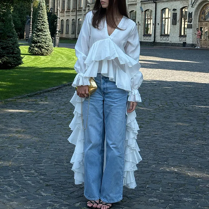 Chemise asymétrique à volants et col en v pour femme, Design sens du tempérament, mode pour les déplacements, nouvelle collection automne 2025