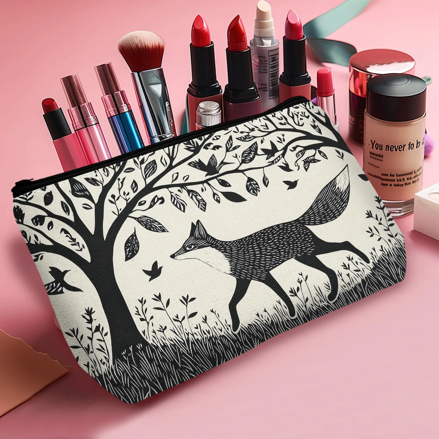 1Pc Folklore Forest Fox Pattern Makeup Bag Women'S Travel Cosmetic Organizer Zipper Closure Garden Outdoor 8.66X5.51Inch