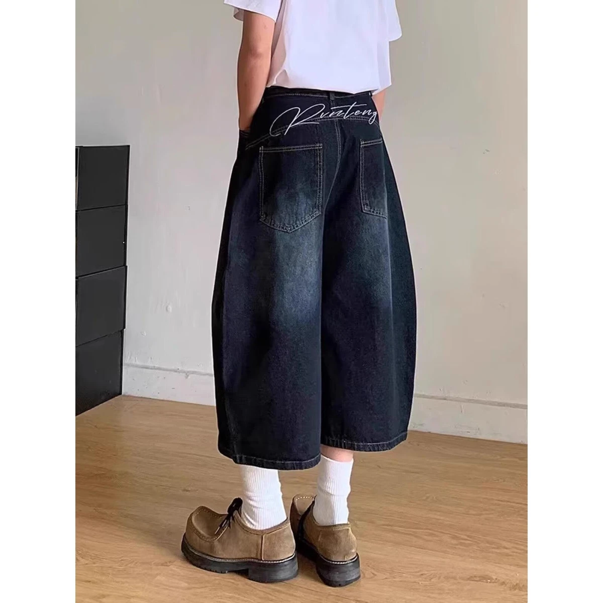 

Винтажные темно-синие джинсы с вышивкой и широкими штанинами, повседневные летние джинсы для мужчин и женщин, молодежные модные джинсы с высокой талией, семь дюймов