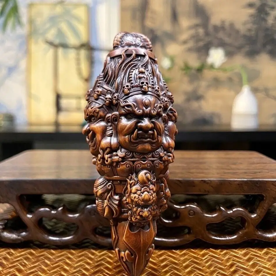 Old Boxwood Carved Mahakala Vajra Dorje Phurpa Exorcism Talisman Buddhism Decor