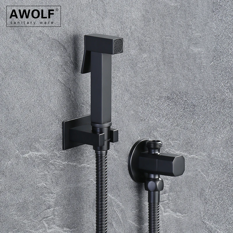 Awolf Matt Black Toilet Bidet Sprayer Set Solid Brass Hygienic Shower Head Square Handheld Anal Shower System Shattaf AP2339