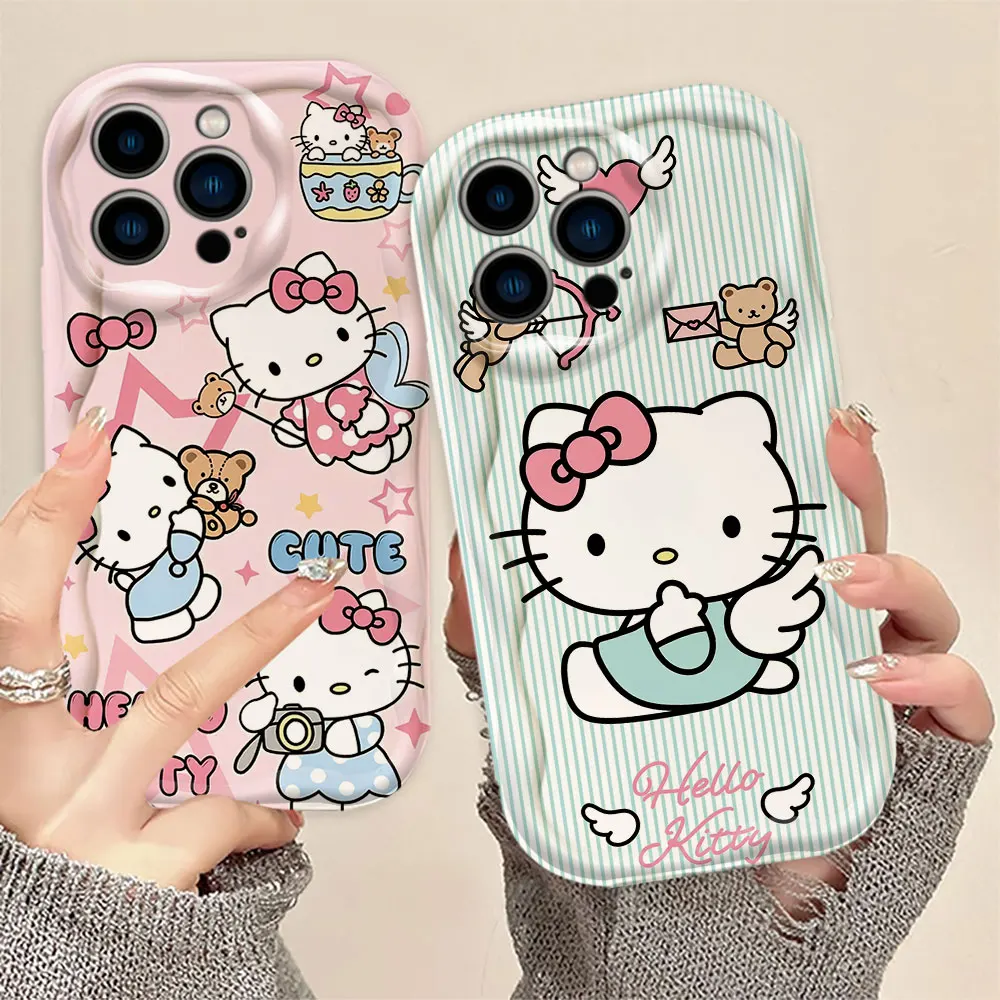 Anime Hello Kitty Cat 3D Wave Phone Case For Samsung Galaxy A02 A03 A04 A05S A06 A10 S20 S21 S22 S23 S24 M54 4G 5G Silicone Case