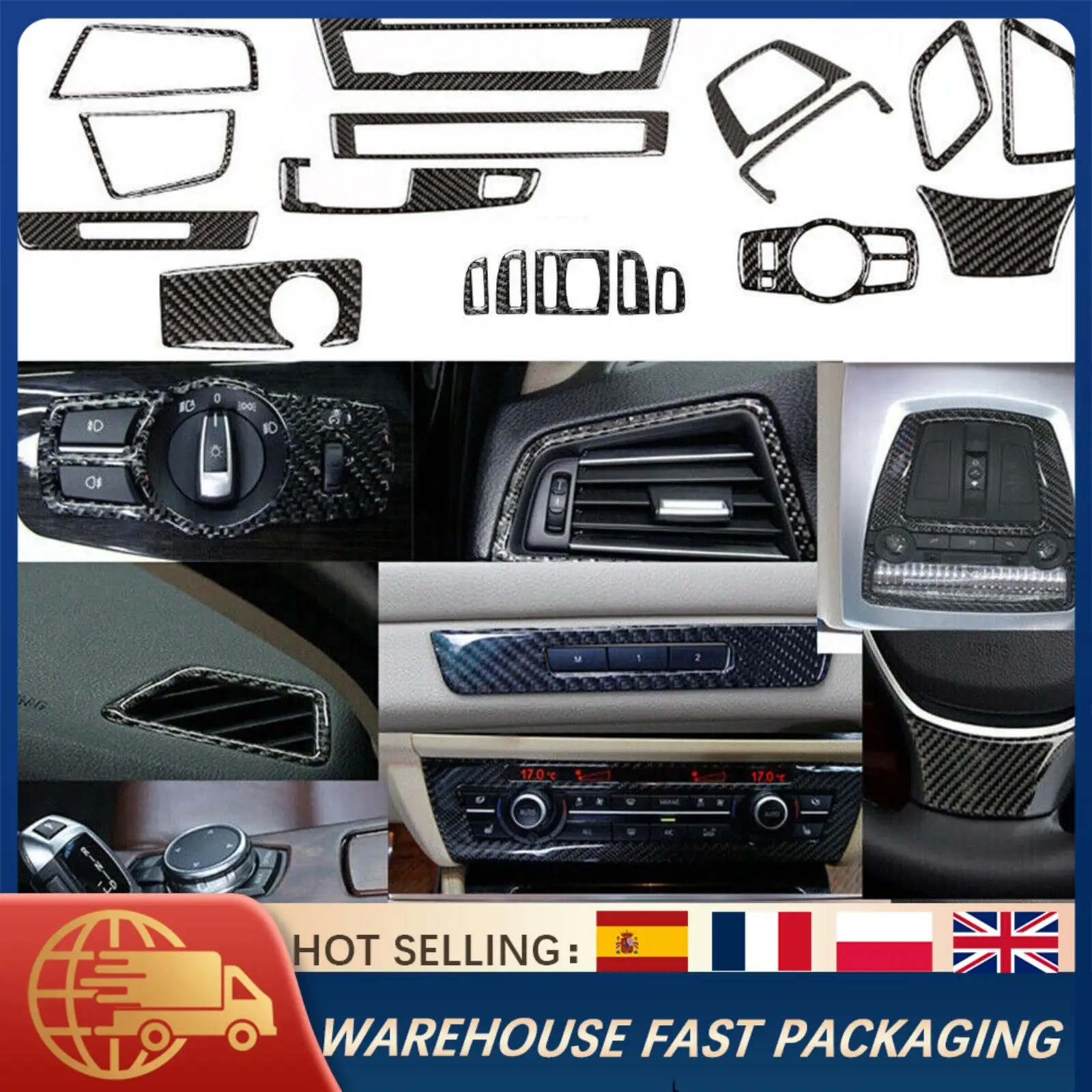 

18Pcs Carbon Fiber Interior Trim Cover Kit For BMW 5 Series F10 2011-2017 Full Set Dashboard Door Panel Console Decor