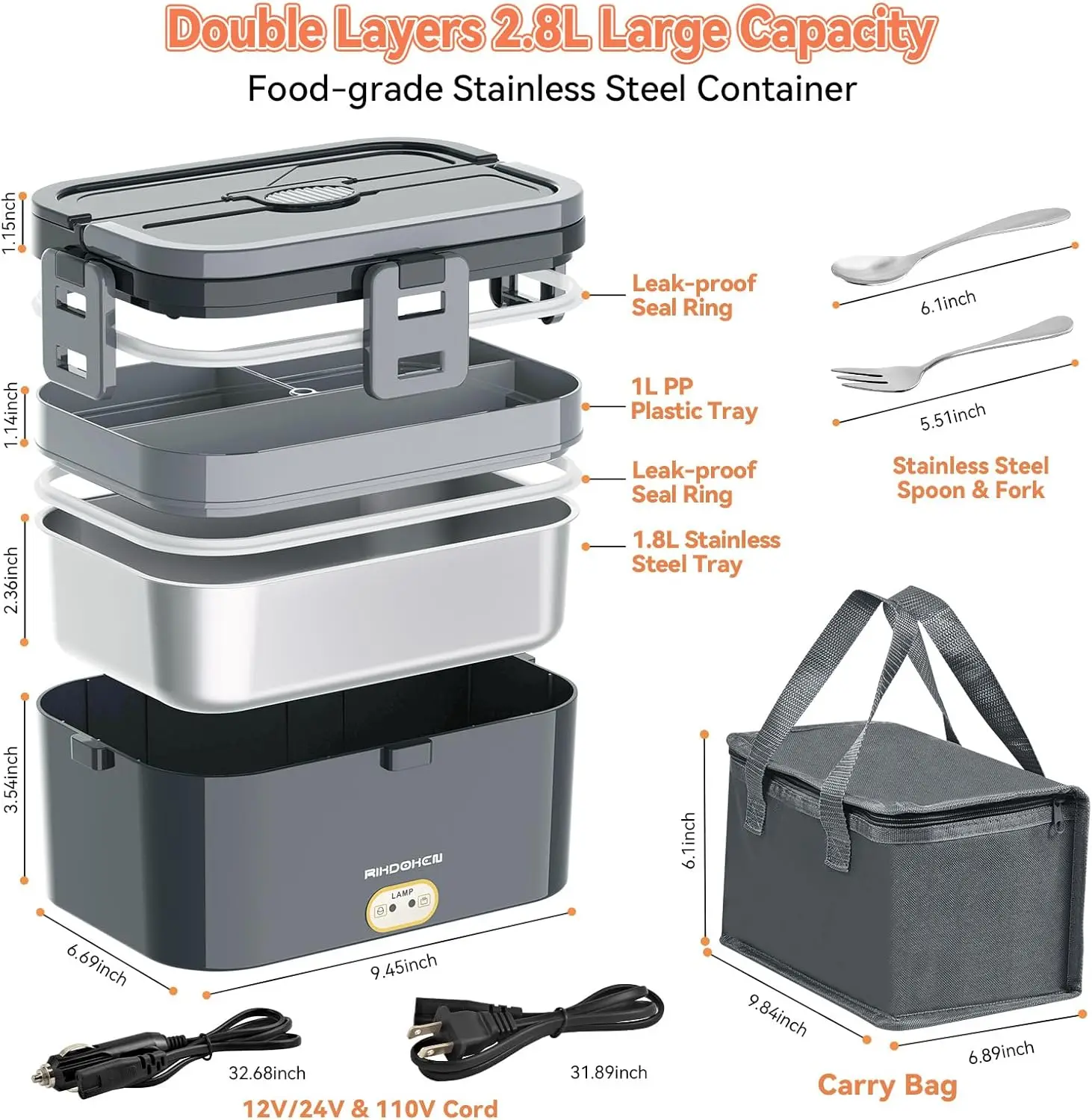 سخان صندوق غداء كهربي 80 وات 2.8 لتر طبقة مزدوجة، 12 فولت/24 فولت/110 فولت محمول من الفولاذ المقاوم للصدأ لتدفئة الطعام مع حقيبة وملعقة وشوكة