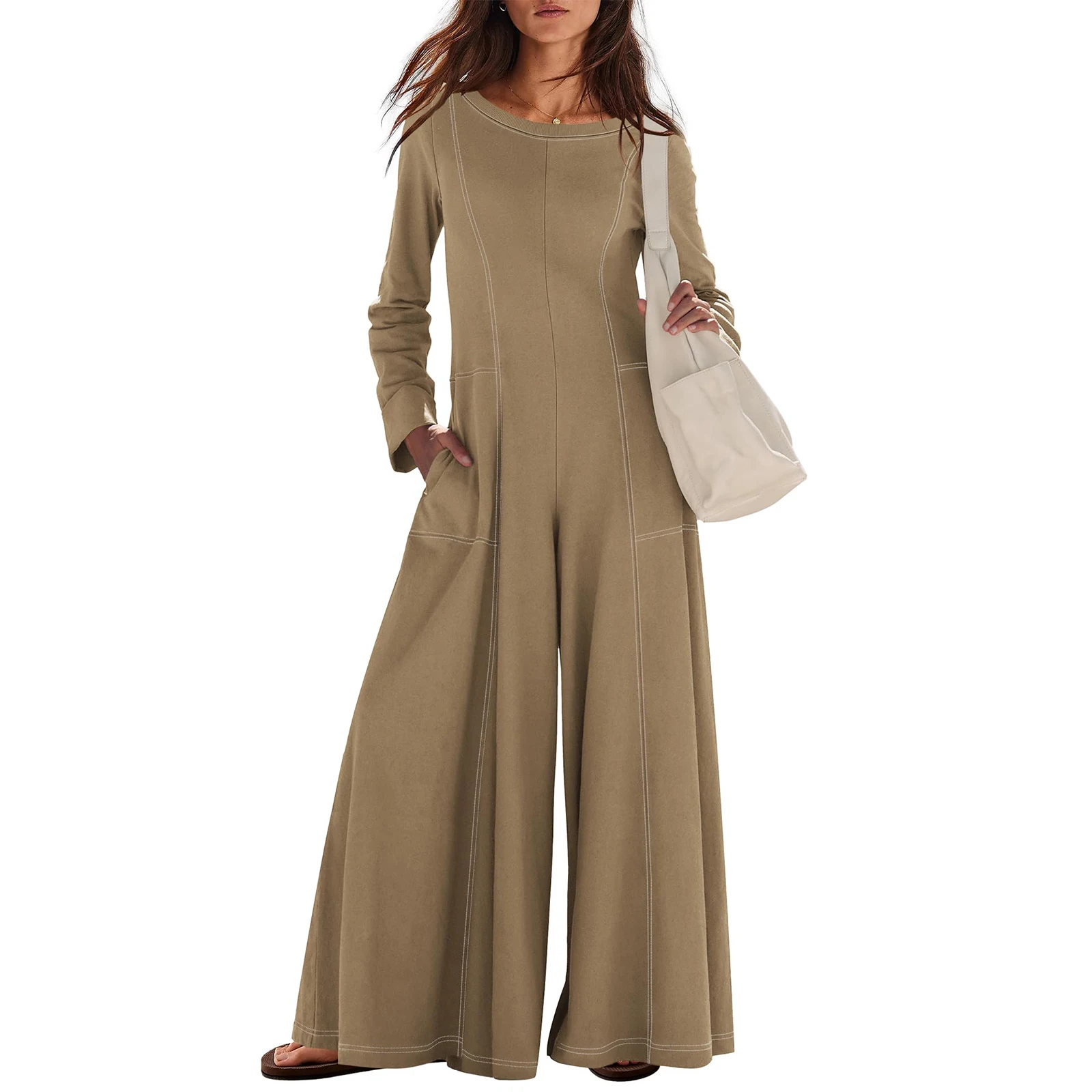 

Women's Fashion Casual Round Neck Long Sleeved Pocket Loose Wide Leg Jumpsuit Spring Summer Loose Comfortable Jumpsuits