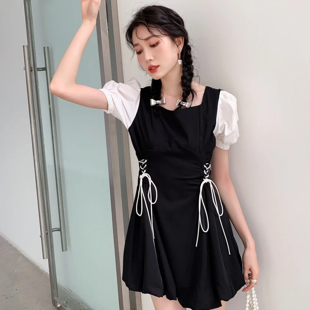 

Temperament Pleated Short Dress Women Sweet High Waist A- Line Fairy Dress Lace up Slim Fit Puff Short Sleeve Dress Vacation