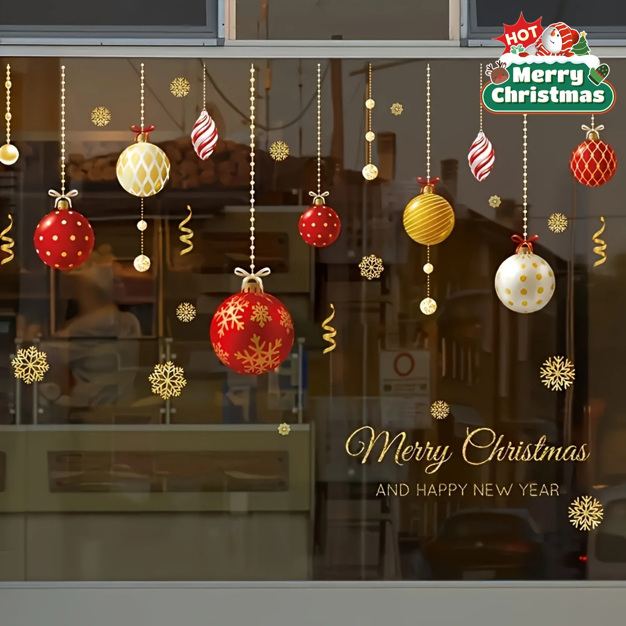 Fensteraufkleber mit Weihnachtskugelmuster, abnehmbare, wasserdichte PVC-Urlaubsaufkleber für Zuhause, Geschäft, Wohnzimmer, Bar, Türdekoration